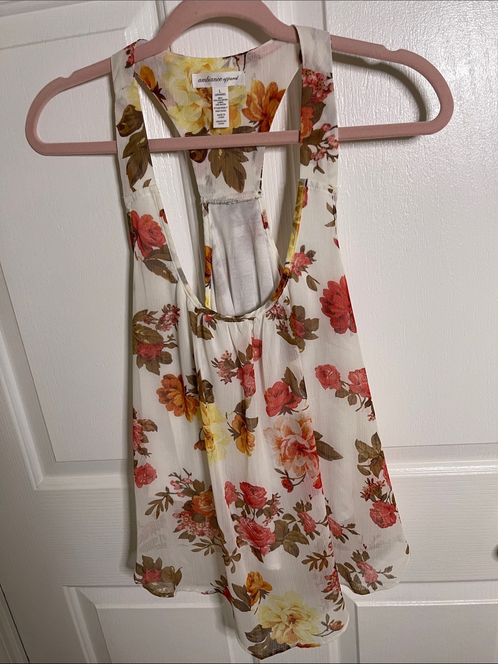 Ambiance Apparel  Cream Floral Racerback Tank with Pink & Yellow Blooms